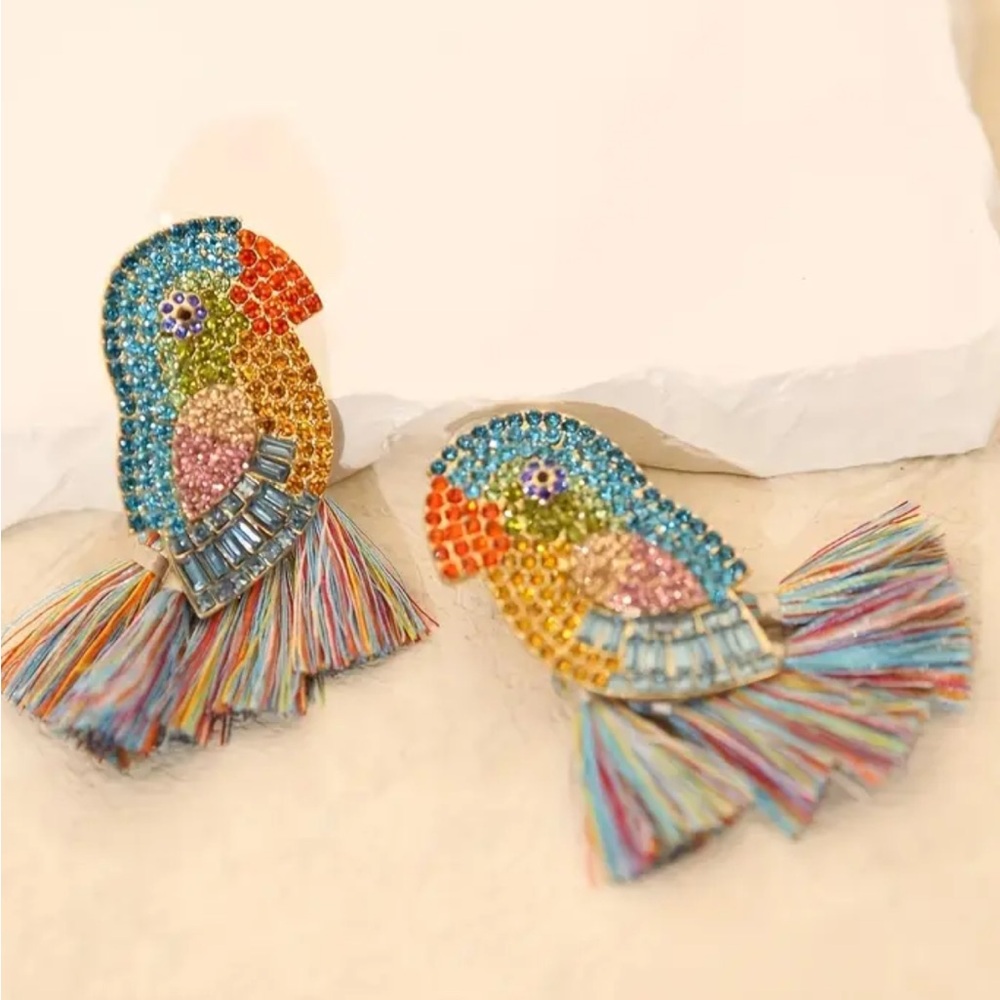 Colorful Rhinestone Tassel Bird Earrings